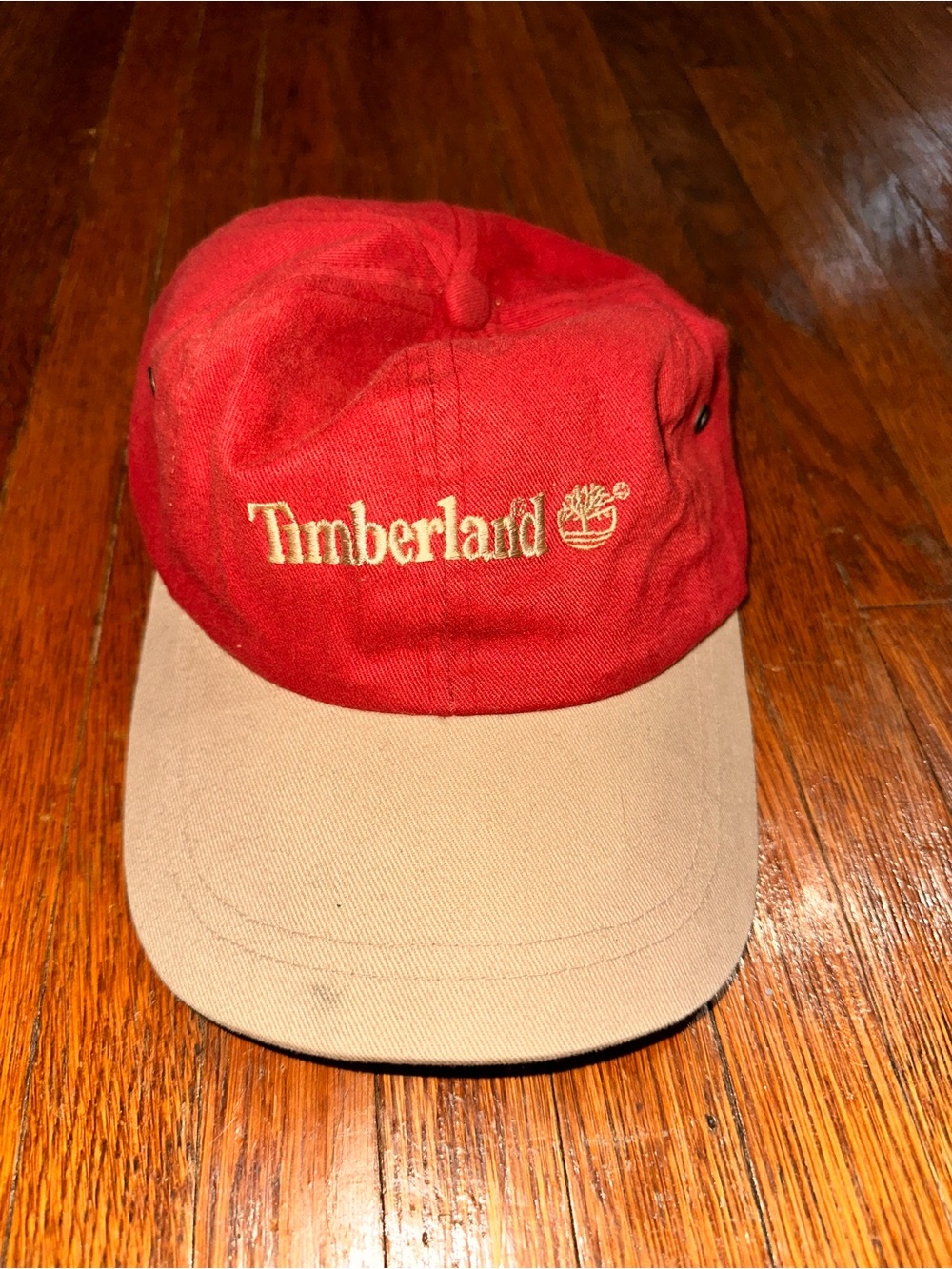 Timberland Red/Khaki Cotton Baseball Cap Hat Leather Strap Made in the U.S.A.